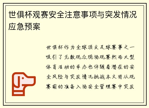 世俱杯观赛安全注意事项与突发情况应急预案
